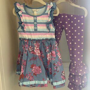 Matilda Jane *SET*- Floral/Striped Flutter Sleeve Dress + Polka Dot Ruffle Pants